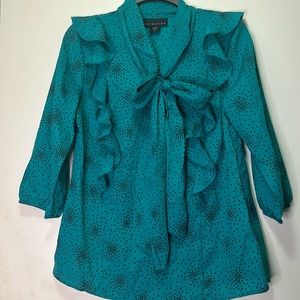 Teal Ruffle Front Tie Neck Blouse